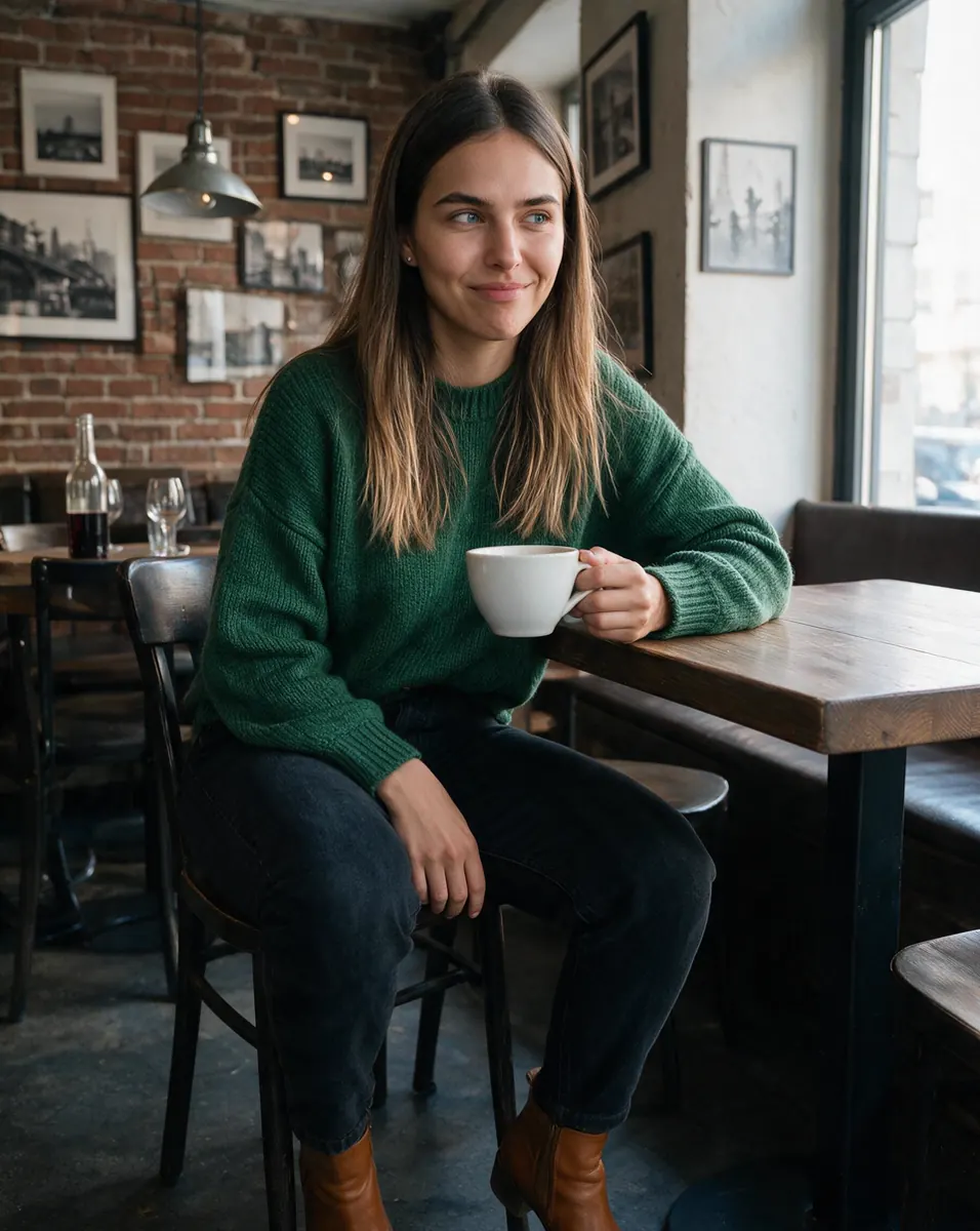 Vera con un jersey verde, sentada en una cafetería con una taza