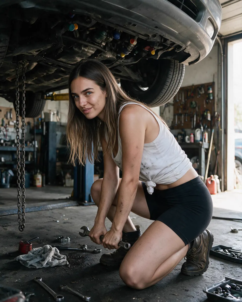 Vera arrodillada bajo un coche elevado en un taller mecánico